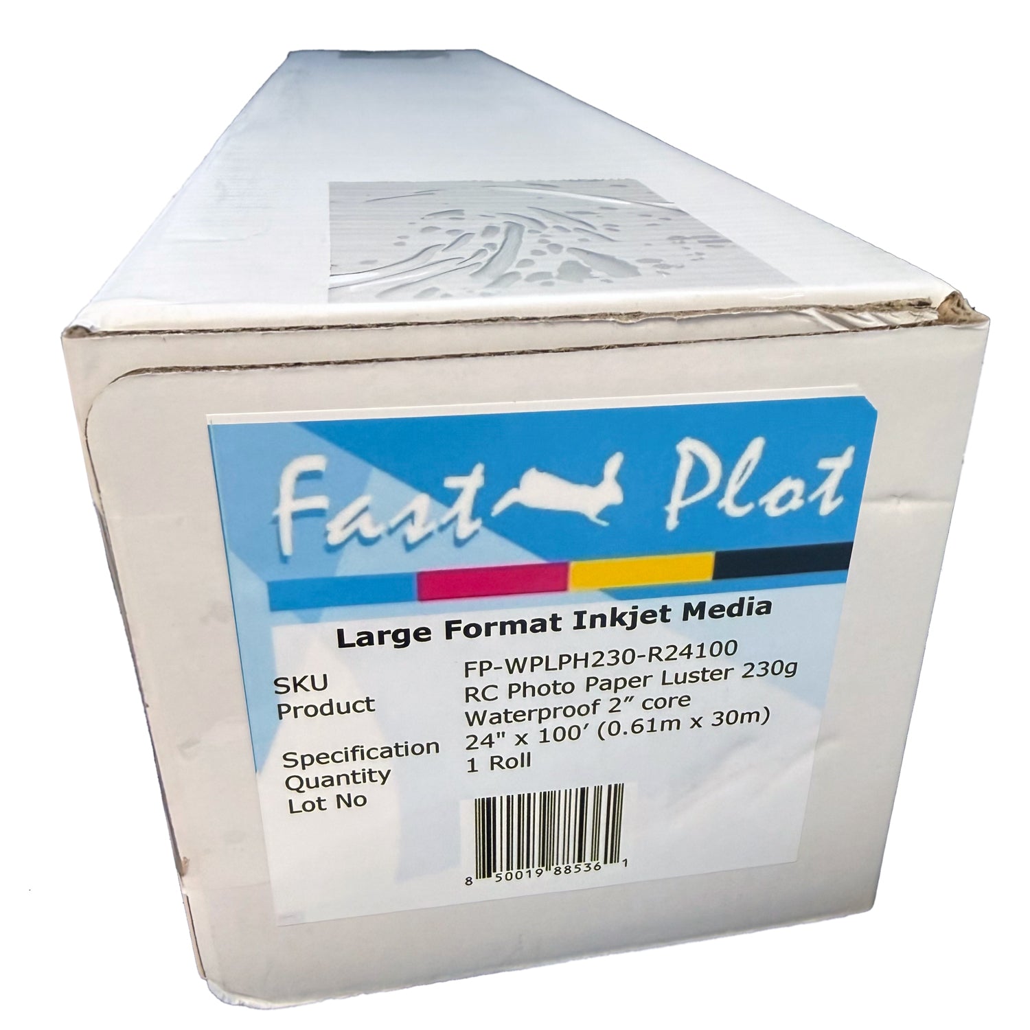 Box of FastPlot large format inkjet media with label on a white background