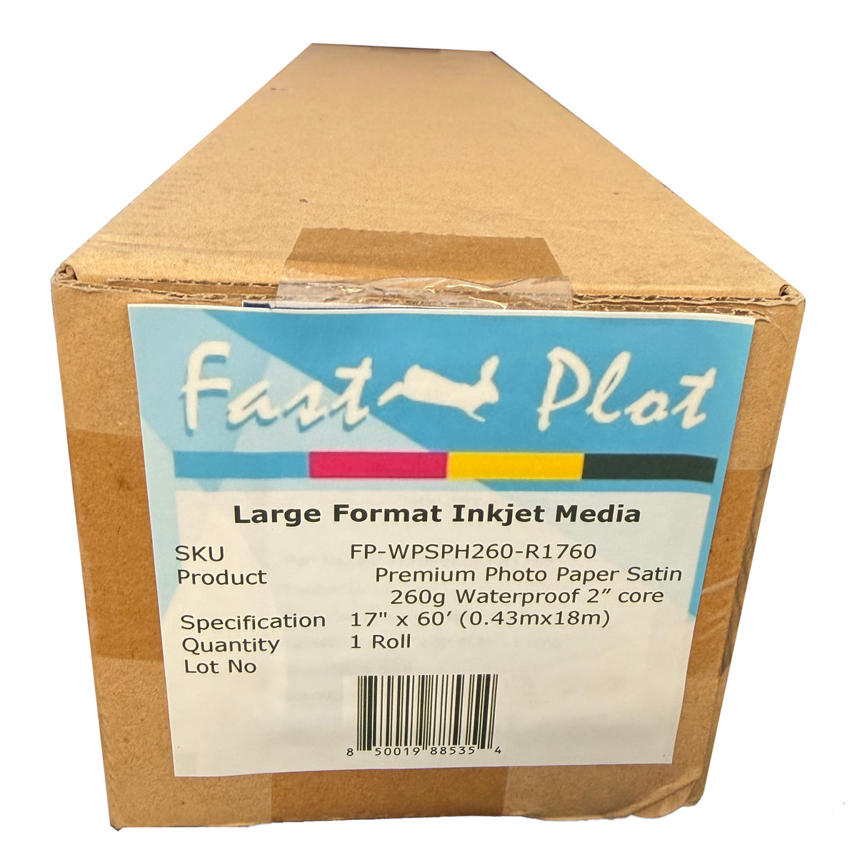 Box of FastPlot large format inkjet media with a label on a white background